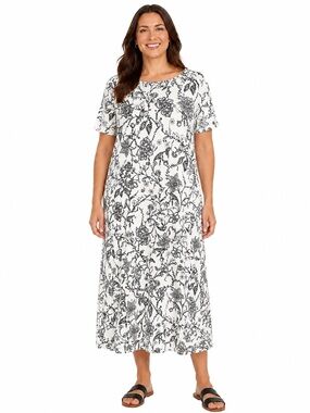 J Jill Weaver Collection white Botanical Dress L Short Sleeve Knit Midi Stretch